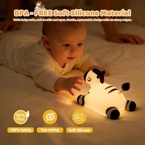 Zebra Silicone Night Light, Kawaii LED Cute Bedside Night Lights Dimmable Touch Control USB Rechargeable Squishy Lamp with Timer for Bedroom Animal Decor Adults Birthday Gifts Party Travel