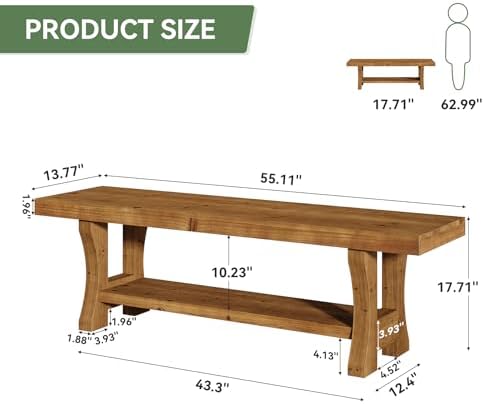 Solid Wood Entryway Bench, 55" End of Bed Bench, Long Indoor Dining Seat for Hallway, Bedroom, Living Room, Dining Room, Easy Assembly, Brown