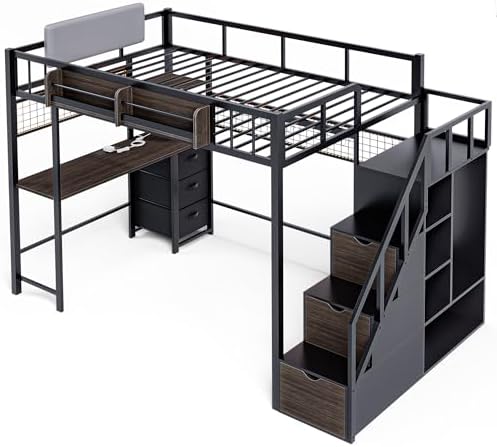 Loft Bed with Desk and Stairs, Headboard, Outlet (Black, Full)