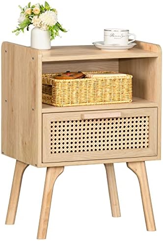 Lerliuo Rattan Nightstand, Boho Side Table with Drawer Open Shelf