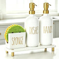 Cisily Kitchen Soap Dispenser Set Comes with Ceramics Sponge Holder, Gold Pumps, and Instant Dry Tray, Hand and Dish Soap Dispenser Set, Kitchen Decor and Accessories for Countertop Organizer