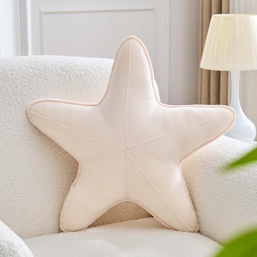 Uvvyui Starfish Pillow Cute Star Decorative Throw Pillows with Soft Velvet Sea Pillow Aesthetic Home Decor Ocean Beach Cushion（Beige, 15 Inch）