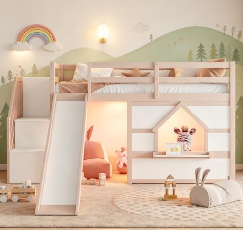 Bellemave Twin Low loft/bunk Bed with Slide and Storage Staircase LED for Kids,Wood Loft Beds,White +Beige