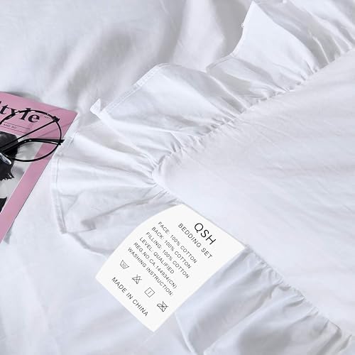 White Ruffle California King Duvet Cover, Washed Cotton Farmhouse Shabby Boho Chic Bedding Comforter Quilt Cover Oversized Vintage Rustic French Country Aesthetic Bedding 3 Pieces