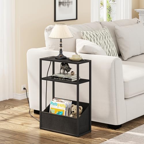 TUTOTAK Narrow Side Table with Charging Station, Slim End Table