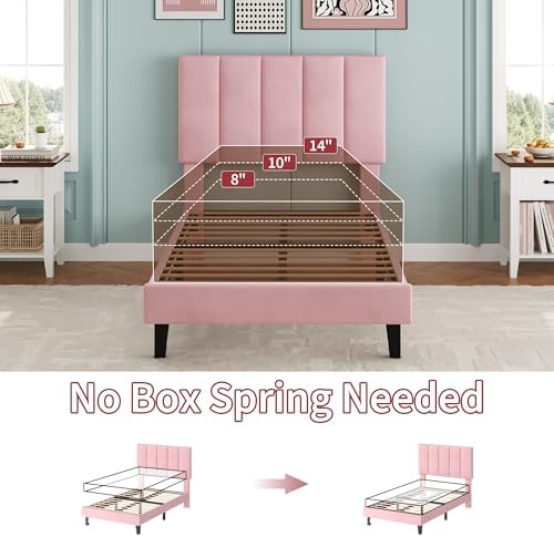 Garvee Twin Size Bed Frame with Upholstered Headboard for Kids, Pink