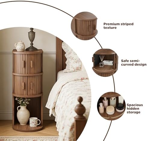 Narrow Nightstand Set of 2, Wooden Skinny Nightstand with Sliding Doors