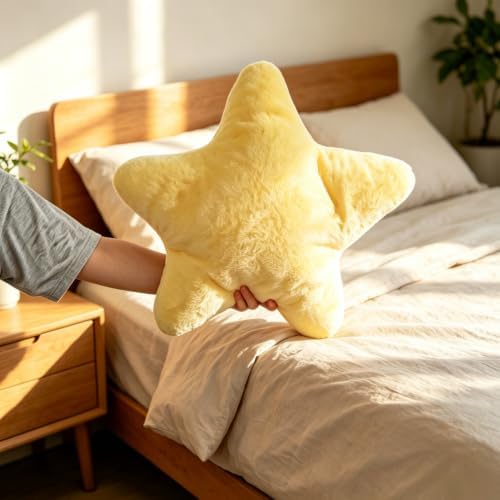 Star Shaped Throw Pillows Set of 2,Cute Plush Decorative Pillows with Fluffy Faux Rabbit Fur, Soft Star Cushion for Sofa Couch Bed Living Room Bedroom Home Decor (Yellow, 15.7")