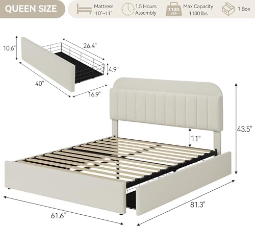 IDEALHOUSE Queen Bed Frame with 2 Flexible Drawers and Bookcase Headboard, Boucle Upholstered Platform Bed for Boys/Girls, Noise-Free, Easy Assembly, No Box Spring Needed, Beige