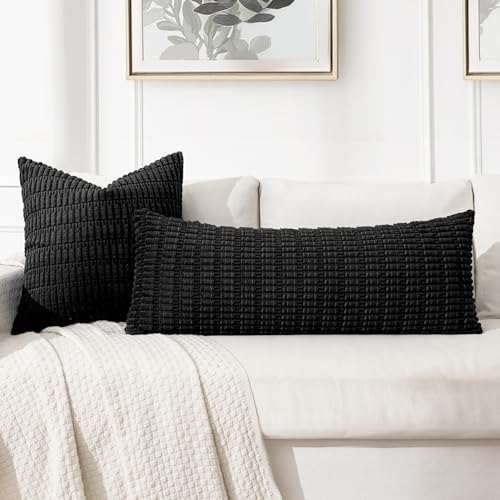 MIULEE Lumbar Corduroy Throw Pillow Cover for Bed 14x36 Black Pack of 1