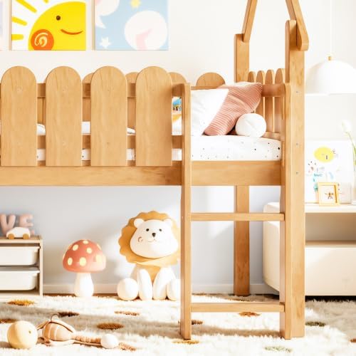 Bellemave Low Loft Bed Twin with Slide and Lights Strip for Kids, Natural