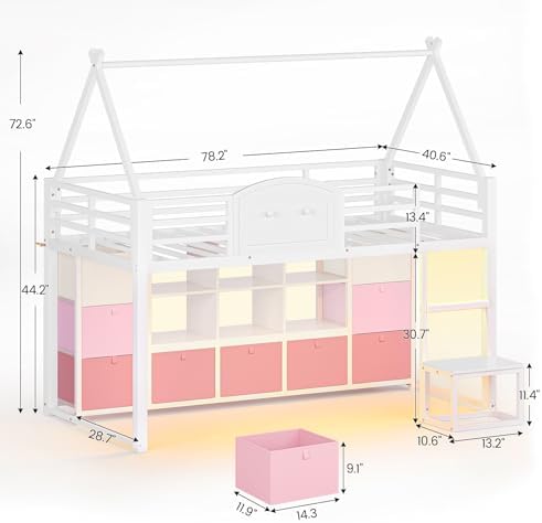 Low Loft Bed Twin Size with 9 Storage Drawers, Bookcase and LED Lights, House-Shaped Metal Twin Loft Bed with Step Stool and Safety Guardrail, Kids Loft Bed with Under-Bed Play Space, White