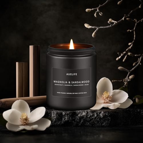 Auelife Magnolia & Sandalwood Scented Candle for Men, Soy Wax 7 oz