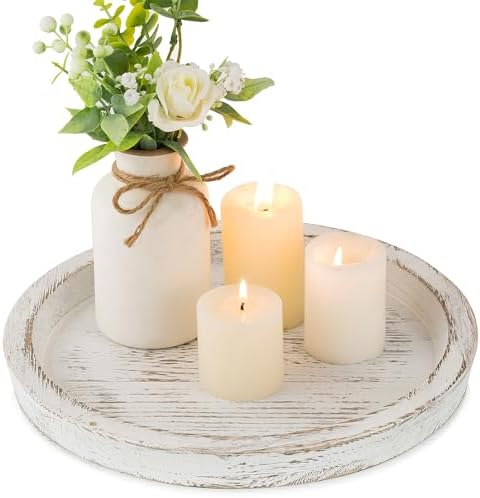 Hanobe Round Wood Candle Holder Trays for Coffee Table, Rustic White Finish