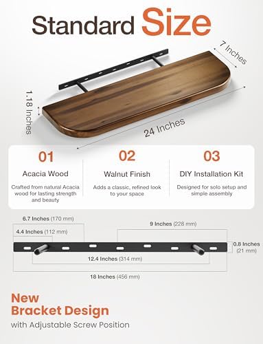BATODA Set of 2 24” Wood Floating Shelves for Wall, Round Edge,Walnut Color