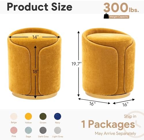 Swivel Vanity Stool with Gold Base Comfy Vanity Chair Modern Round Stool for Makeup Vanity Ottoman Foot Rest for Bedroom livingroom (Yellow)