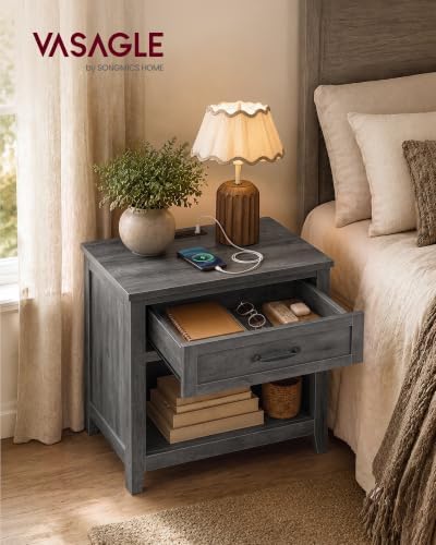 VASAGLE Farmhouse Nightstand with Charging Station, Drawer and Open Shelf