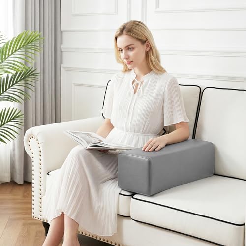 2 Pack Couch Arm Rest Pillow, 8''x8''x20'' Faux Leather Waterproof Cover, High Density Foam Armrest Cushion, Removable & Washable Elbow Support for Sofa, Bed, and Armchair (Medium Grey)