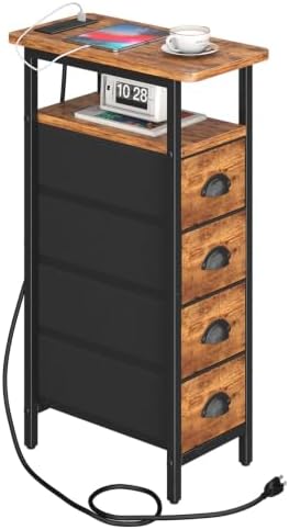 sthmec Side Table with Charging Station, Narrow End Table with 4 Drawers, Small Nightstands with Fabric Drawers,Slim Sofa Couch Side Tables for Small Spaces,Living Room,Bedroom,Rustics Brown