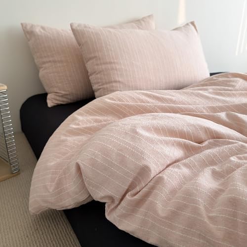 Vintage Pink Striped Full Duvet Cover 3Pcs Cottagecore Textured Bedding Set