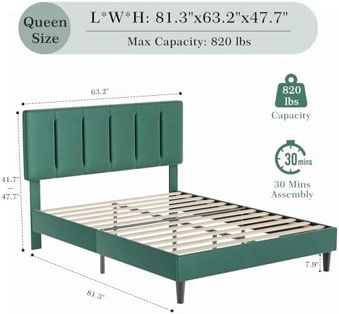VECELO Queen Bed Frames, Upholstered Platform Bedframe, Adjustable Headboard, Wood Slat Support, No Box Spring Needed, Easy Assembly, Dark Green