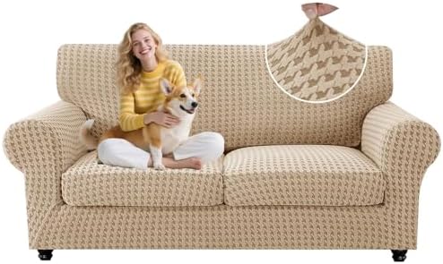 MAXIJIN 3 Pieces Stretch Couch Covers for 2 Cushion Couch Washable Sofa Cover with 2 Extra Large Seat Soft Loveseat Sofa Slipcovers with Non Slip Strap (Khaki), 71"-91"(2 XL Cushions)