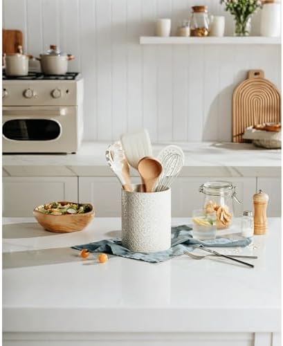 Kitchen Utensil Holder, 6x7 inch Large Ceramic Utensil Holder with Embossed Pattern, Cooking Utensil Crocks for Kitchen Countertop, Home Decor, Off-White