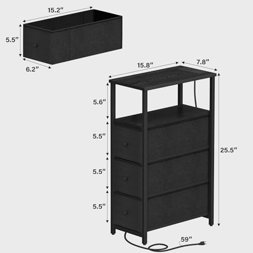 TUTOTAK Narrow Night Stand with Charging Station, Slim End Table