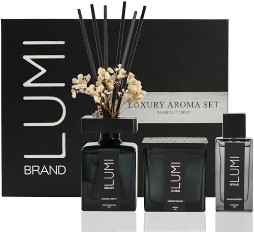 Luxury Aroma Gift Set | Bamboo Forest Scent - Reed Diffuser (200ml), Wood Wick Soy Candle (200g), Room Spray(50ml) | Includes Dried Flowers & 8 Reeds | Luxurious Fragrance for Home Décor | Great Gifts