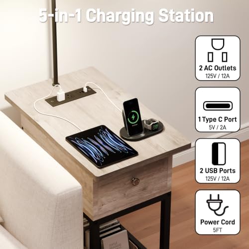runjuly Floor Lamp with Table, Narrow Side Table with Charging Station