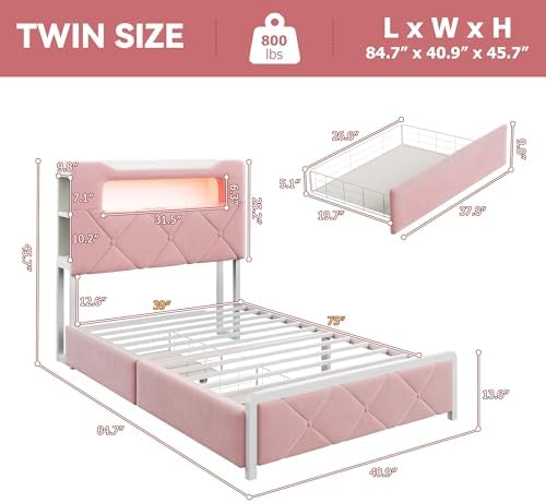 Twin Upholstered LED Bed Frame with 2 Storage Drawers and 2-Tier Storage Bookcase Headboard, Velvet Princess Platform Bed for Kids/Girls/Boys, Heavy Duty Metal Support, No Box Spring Needed, Pink