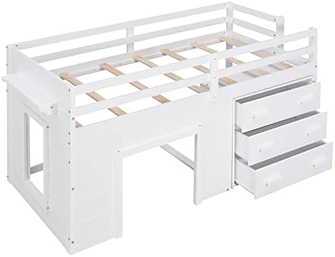 Bellemave Twin Size Low loft Bed for Kids,Wood Modern Farmhouse Twin Loft Bed with and Drawer Storage, No Box Spring Needed, White