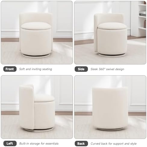 MINCETA Vanity Chair with Storage, 360° Swivel Accent Chair, Beige