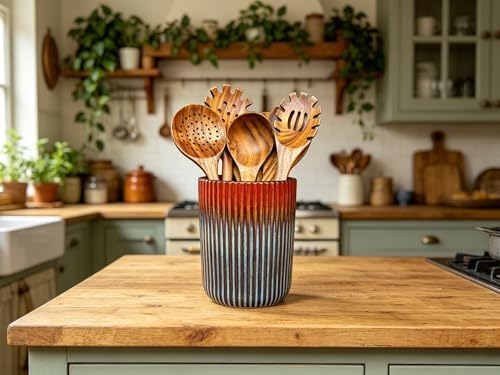 Large Stoneware Kitchen Utensil Holder for Kitchen Counter & Countertop Cooking Utensil Holder Spatula Holder Utensil Crock for Kitchen Counter Vertical Ribbed Fluted Stripe (Retro Red)