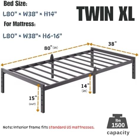 14 Inch Metal Twin XL Bed Frame with Mattress Anti-Slip Design, No Box Spring Needed, Easy Assembly, Noise-Free, Tools Included, Ideal for Bedrooms, Guest Rooms, Dorms, Hotels & B&Bs
