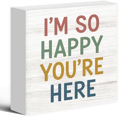 Boho Classroom Wood Box Sign Desk Decor 5X5, I'm So Happy You're Here Wooden Block Sign Decorations for Kids Nursery Room Bedroom Playroom Classroom Desk Table Wall Tabletop Shelf Decor