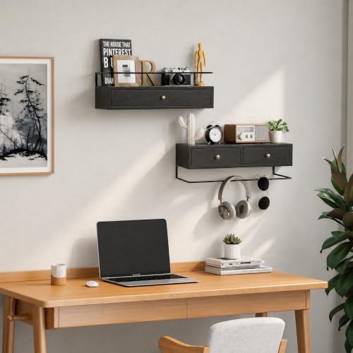 Floating Shelves With Drawers Set of 2, Wall Mounted Storage for Bathroom