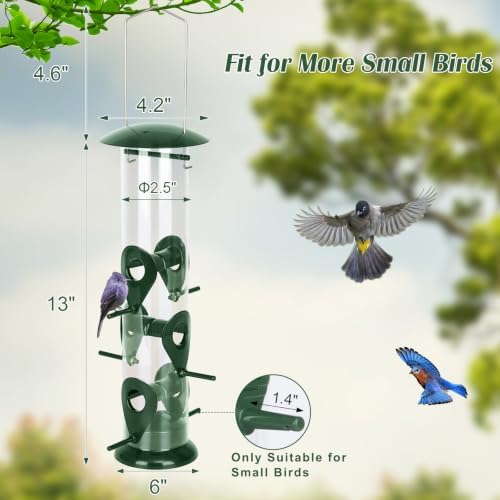 FEED GARDEN Bird Feeder for Outdoors Hanging, 13" 6 Ports, Clear Tube