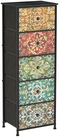 GiftGo Retro Dresser with Fabric Drawers Boho Mandala Flower Chest of Drawers Narrow Storage Tower for Small Spaces Gaps Bedroom Beautiful Nightstand Living Room Table (Mandala, 5 Drawers)