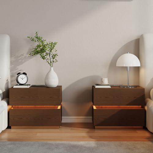 homary Smart Nightstand Set of 2 with Wireless Charging Station, USB & Type-C Ports, LED Light, 2 Drawers – Modern Walnut Bedside Table for Bedroom Storage