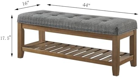 24KF Large Rectangular Upholstered Tufted Linen Fabric Ottoman Bench, Padded Bench with Solid Wood Shelf-Granite