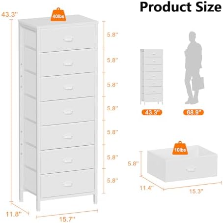 Furnulem White Tall Dresser for Bedroom, Chest of Drawer with Fabric Drawer