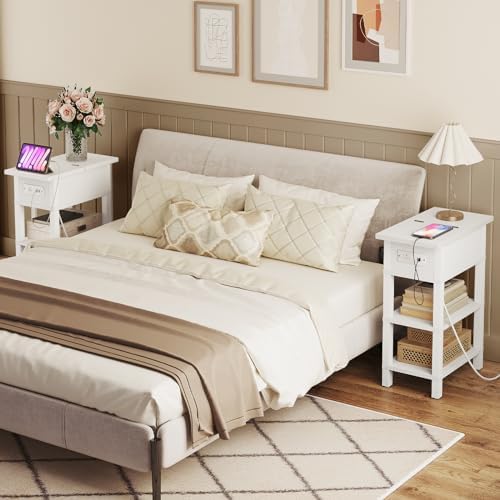 HOOBRO End Table with Charging Station, Flip Top Side Table with USB Ports, Narrow Nightstand Bedside Tables with Storage Shelves, for Small Space, Living Room, White WT141UBZ01