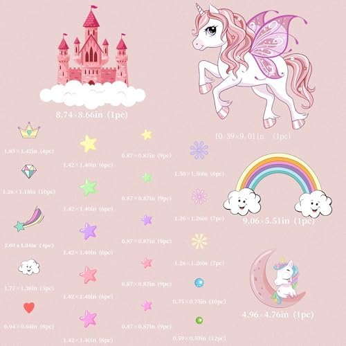 Glow in The Dark Stars Unicorn Wall Decals, Castle Moon Rainbow Stickers for Ceiling, DIY Unicorn Wall Decor for Nursery Girls Playroom, Kids Christmas Birthday Party Decoration