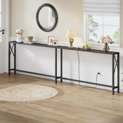 Gewudraw 102" Sofa Table Behind Couch & Socket-Narrow Console Table, Black