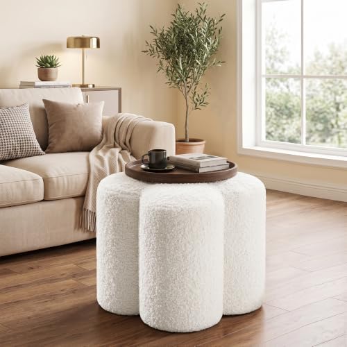 White Sherpa Ottoman, Small Vanity Stool, Modern Ottoman Stool