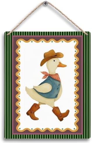 FUGWN Western Cowboy Duck Nursery Hanging Wooden Signs 8x10, Cowboy Duck Farm Animal Nursery Wall Decor Wood Plaque Hanging Decorations for Kids Toddler Boys Room Bedroom Playroom Door Decor