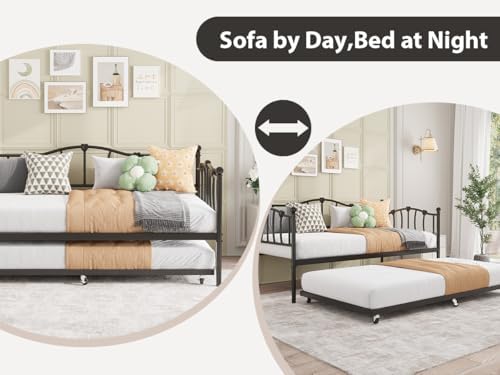 GarveeHome Twin Daybed with Trundle, Metal Sofa Bed Frame with Steel Slat Support, Twin Size Space-Saving Furniture for Living Room, Bedroom, Love Heart Design, No Box Spring Needed, Black