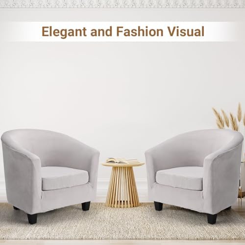 Barrel Chair Covers 2 Piece, Grey Club Tub Barrel Chair Slipcover with Cushion Cover, Soft Armchair Sofa Cover Stretch Furniture Protector with Elastic Bottom for Living Room Bar Hotel