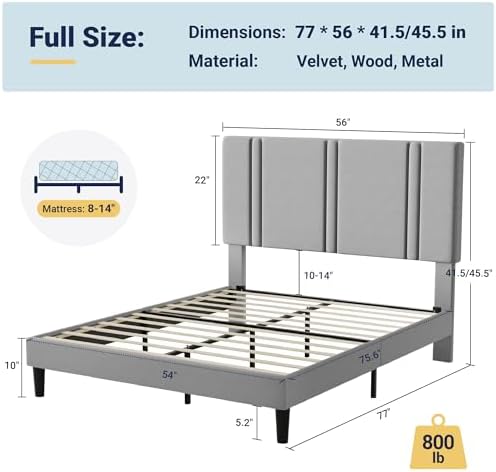 Allewie Full Size Platform Bed Frame with Velvet Upholstered Headboard